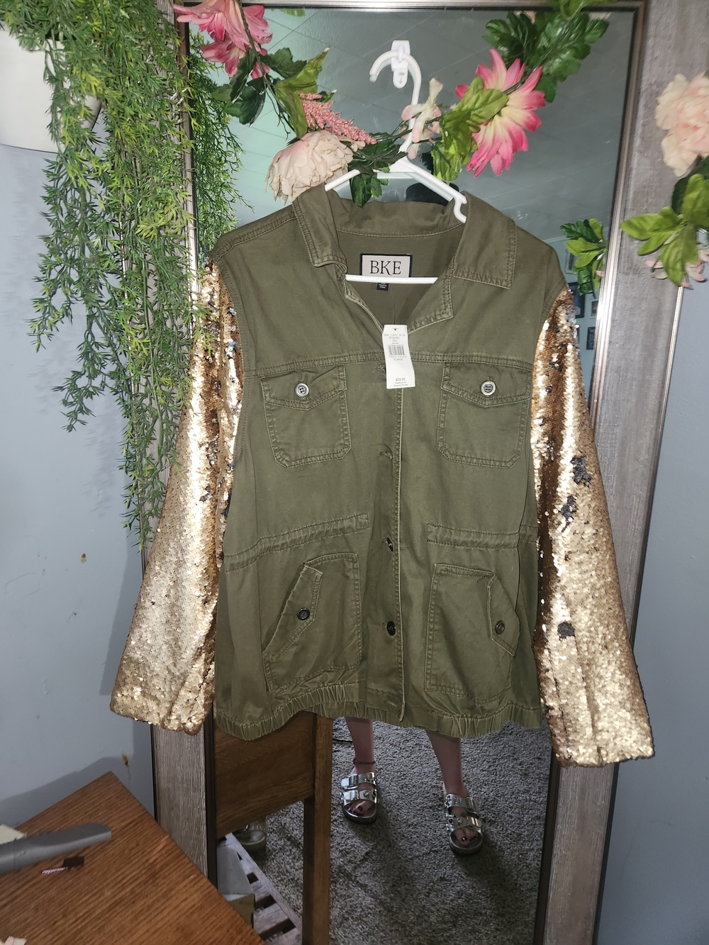 BKE Olive Jacket with Gold Sequin Sleeves